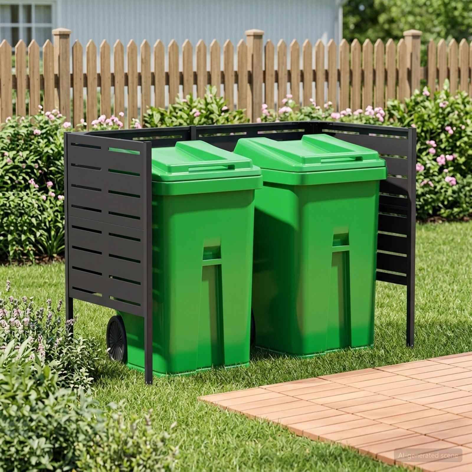 Zwei grüne Mülltonnen mit Deckeln, die in einem schwarzen Metallgehäuse im Freien in einem Gartenhof gelagert werden.