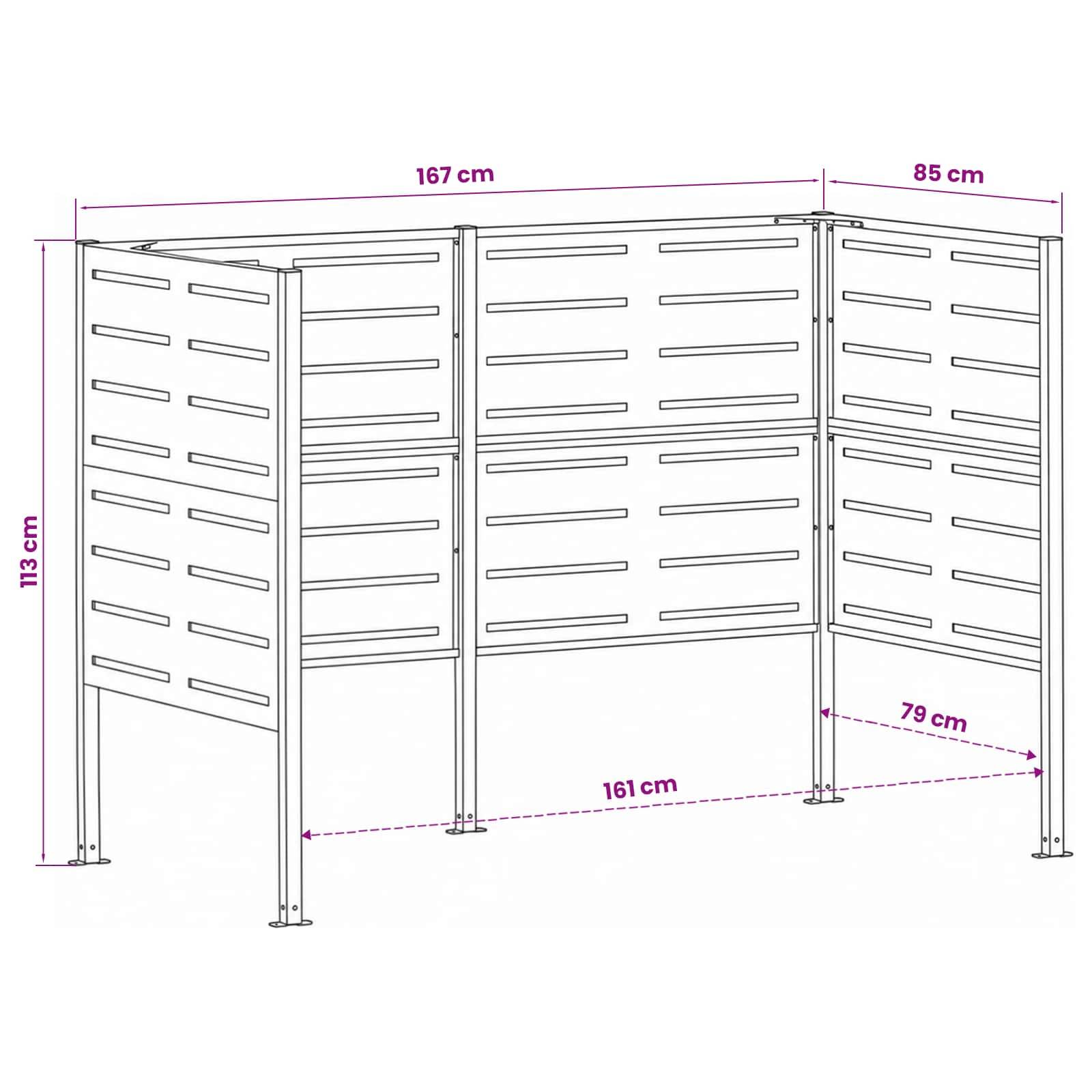 Diagramm eines dreiteiligen Lamellenschutzschirms mit Abmessungen: 167 cm breit, 85 cm tief, 113 cm hoch und inneren Spannweiten von 161 cm und 79 cm.