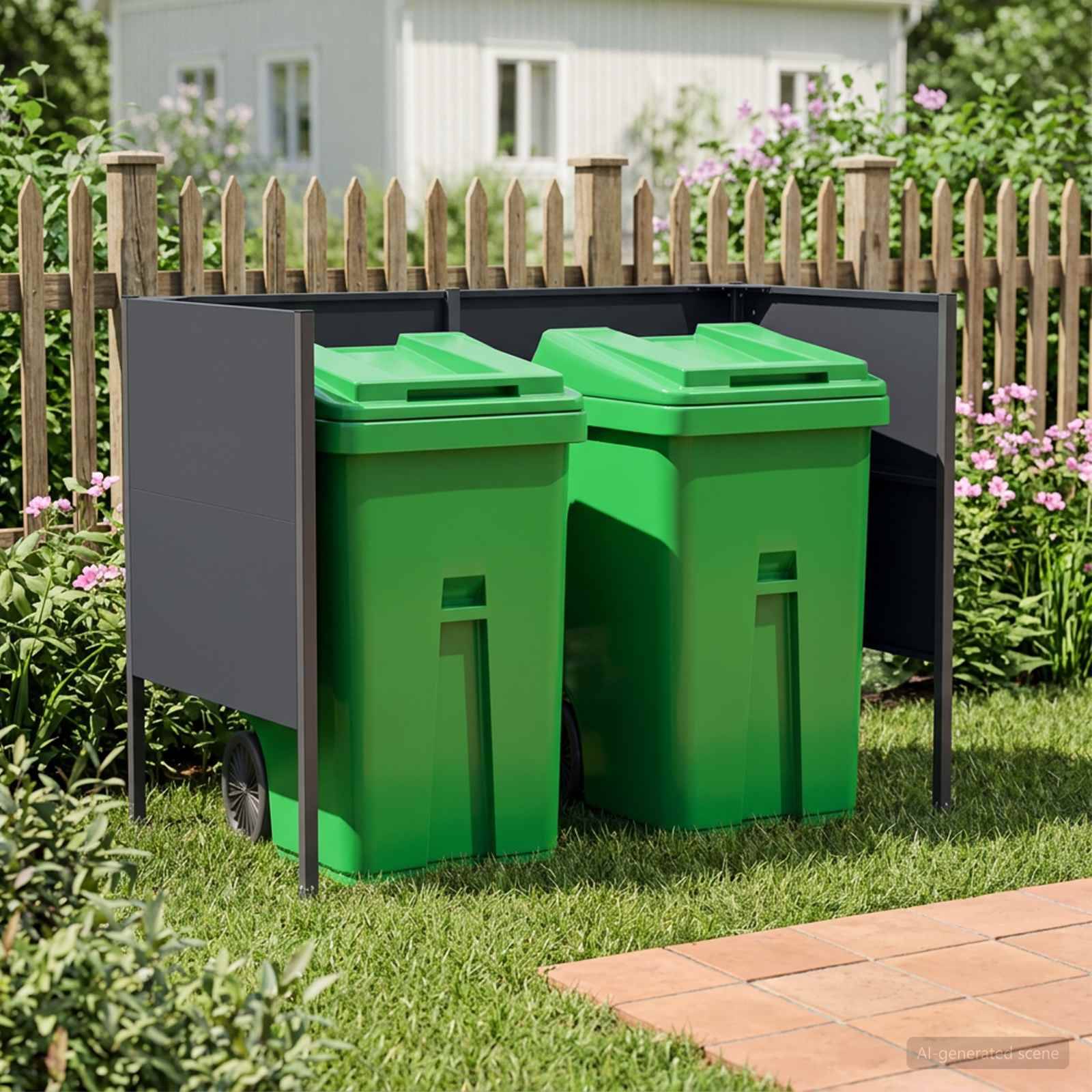 Zwei grüne Mülltonnen in einem grauen Außenmülltonnengehäuse in einem eingezäunten Garten oder Hof.