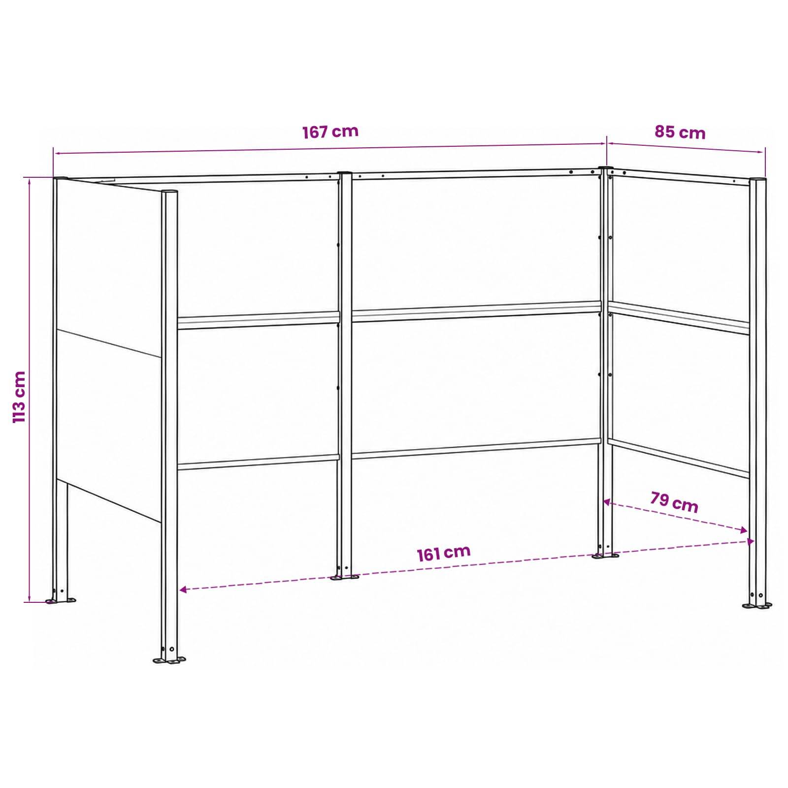 Maßstabgerechte Linienzeichnung einer offenen Regalanlage: 167 cm breit, 85 cm tief, 113 cm hoch, mit Innenmaßen von 161 cm und 79 cm.