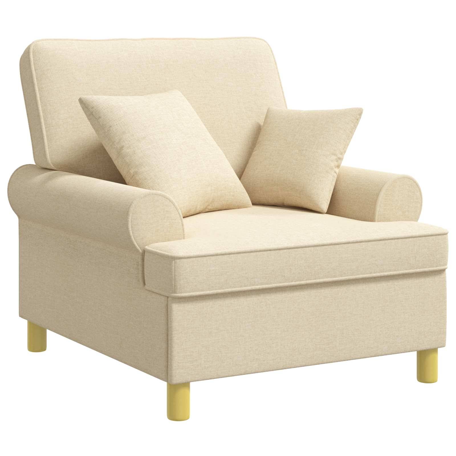 Beige gepolsterter Chaiselongue-Sessel mit abgerundeten Armlehnen, zwei Rückenkissen und einem passenden Ottomane-ähnlichen Sitz auf kurzen gelben Beinen.