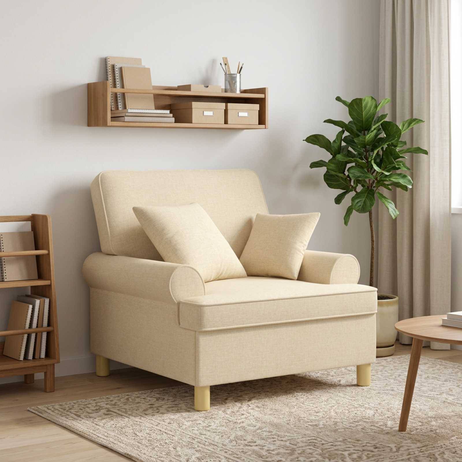 Beigefarbener Sessel mit zwei Kissen in einem hellen Wohnzimmer, neben einer Topfpflanze, einem Wandregal und einem kleinen Beistelltisch.