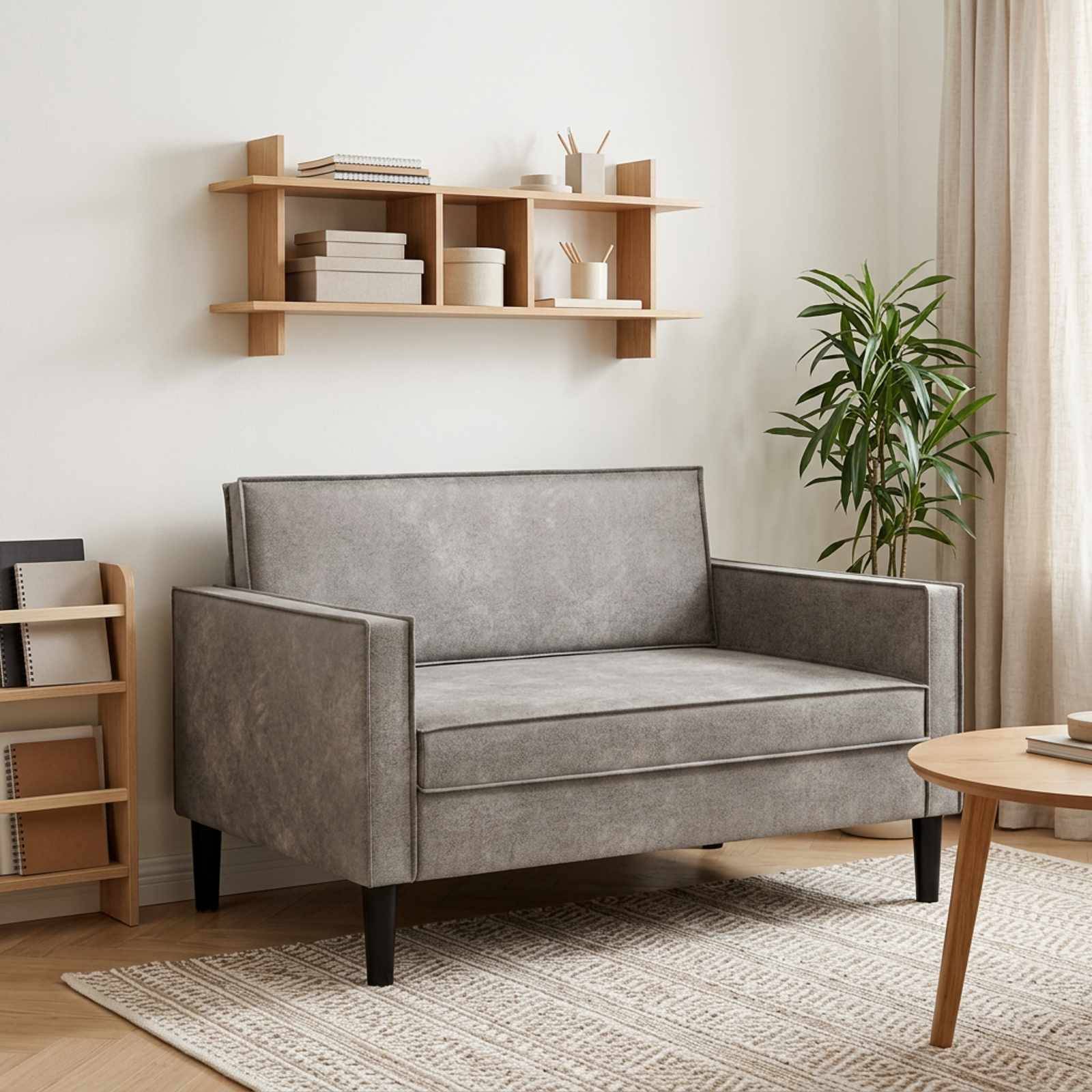 Modernes Wohnzimmer mit einem grauen Zweisitzer-Sofa, Wandregal, Topfpflanze und rundem Holz-Couchtisch auf einem gemusterten Teppich.