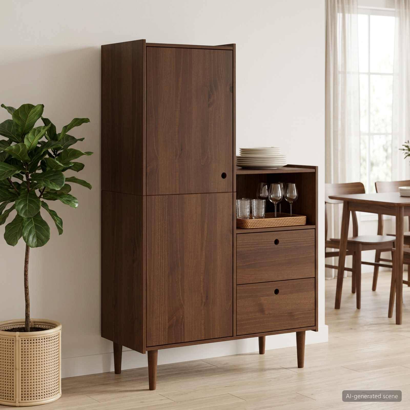 Schrank im Stil der Mitte des Jahrhunderts aus Holz mit hohem Stauraum und Seitenschubladen in einem hellen Speisezimmer, neben einer Topfpflanze und einer Tischeinstellung.