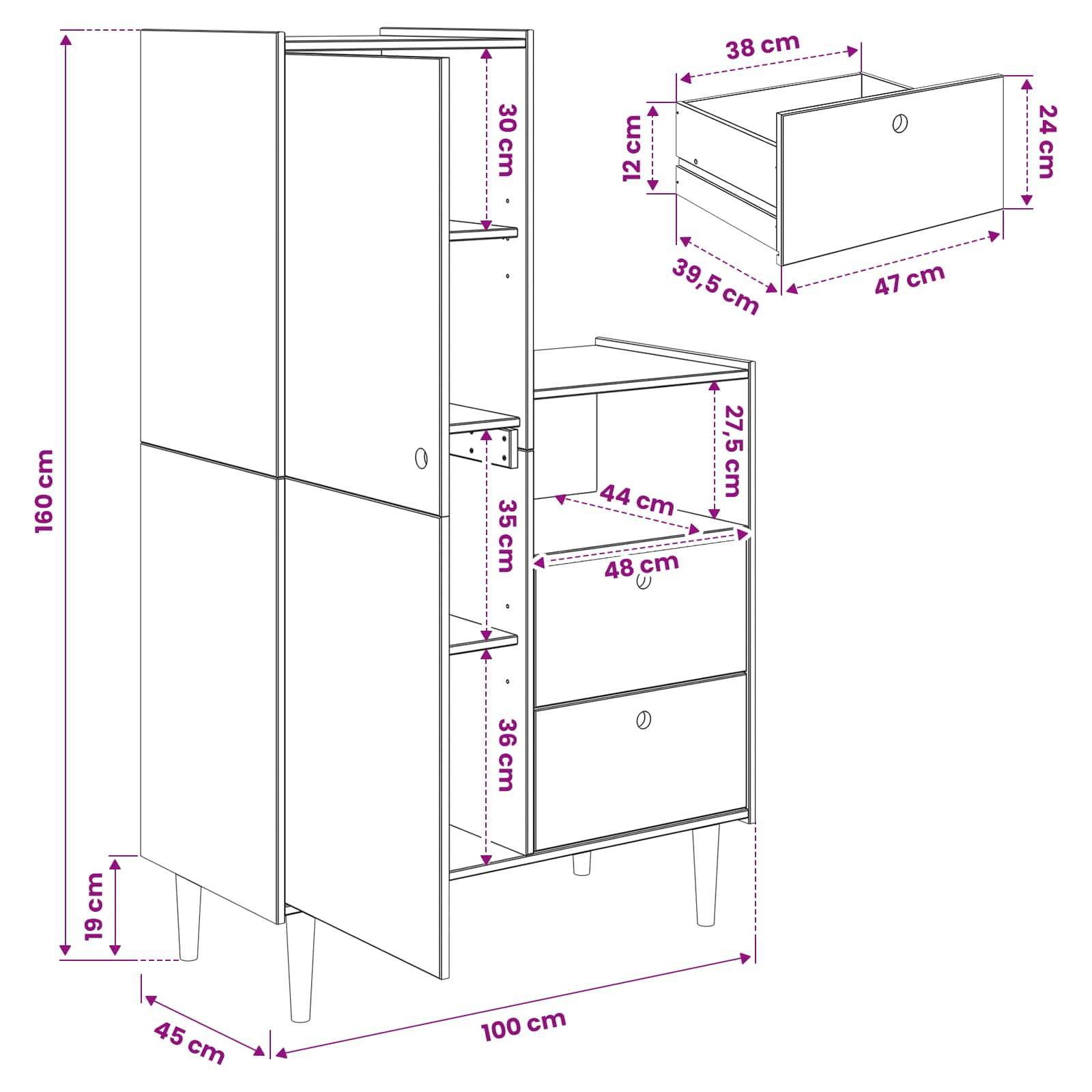 Maßstabgetreue Zeichnung eines weißen Schranks mit Türen und Schubladen, die Gesamtabmessungen von 160 cm Höhe x 100 cm Breite x 45 cm Tiefe und eingefügte Schubladendimensionen zeigend.