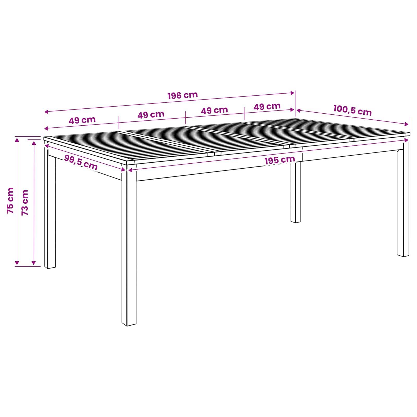 Maßstabgerechte Zeichnung eines rechteckigen Tisches mit Lamellentop; gekennzeichnete Abmessungen umfassen 196 cm Länge, 100,5 cm Breite, 75 cm Höhe und 73 cm Untergestellhöhe.
