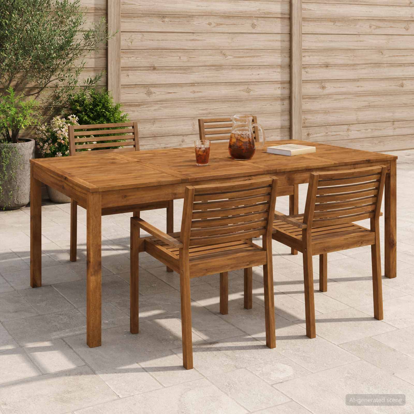 Holztisch für den Außenbereich mit vier passenden Stühlen auf einer gekachelten Terrasse, eingedeckt mit einem Glas, einer Kanne und einem Buch.