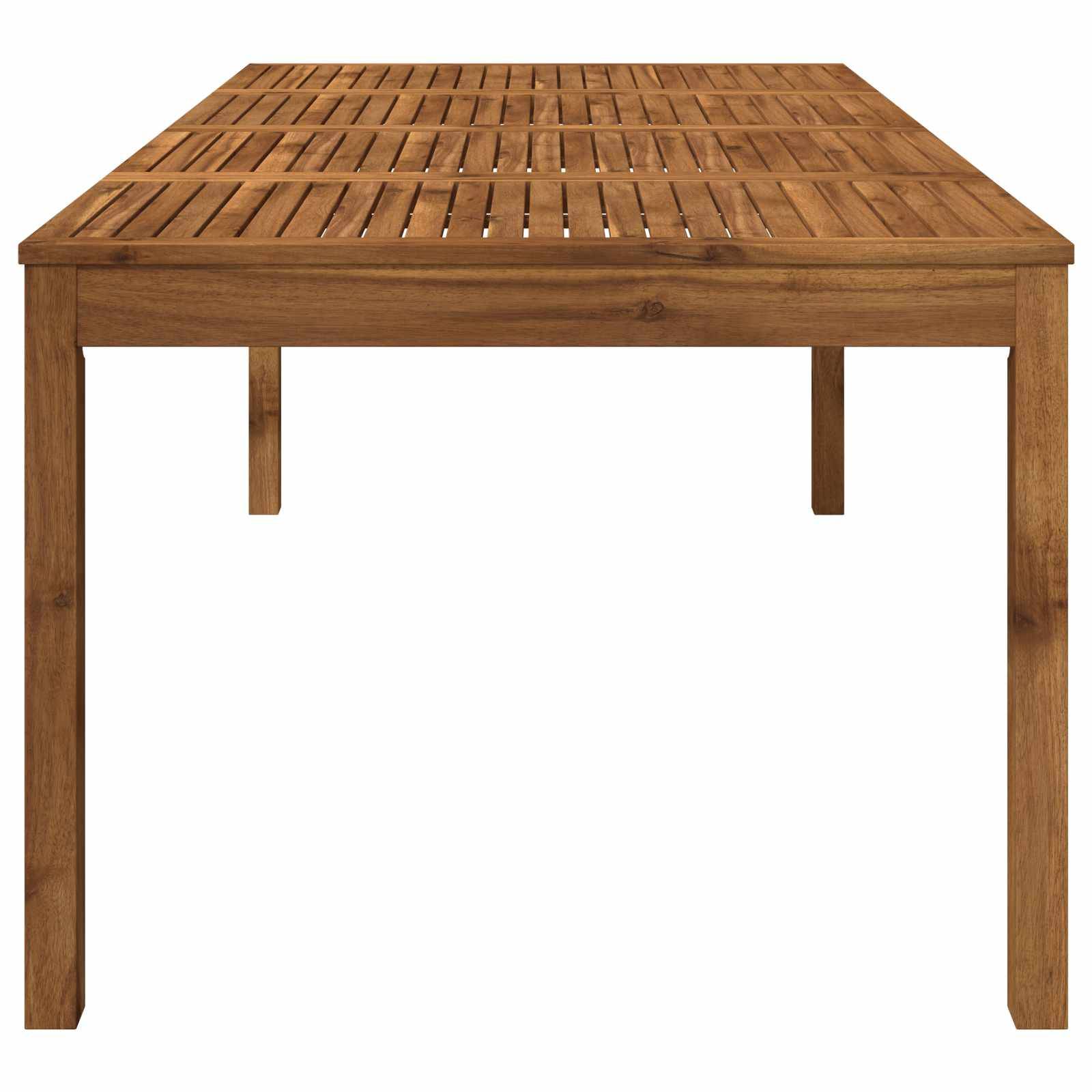 Holztisch mit Lamellenbrett in rechteckiger Form von vorne betrachtet, mit vier geraden Beinen auf einfachem weißem Hintergrund.