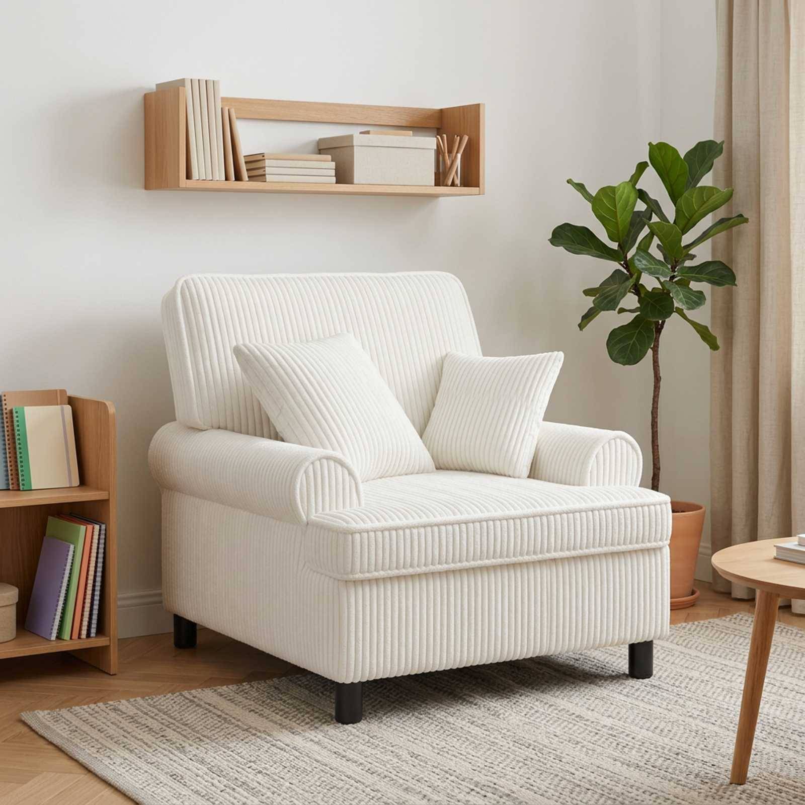 Weißer gestreifter Sessel mit zwei passenden Kissen in einem gemütlichen Wohnzimmer, mit Regalen, Topfpflanze, Teppich und Beistelltisch.
