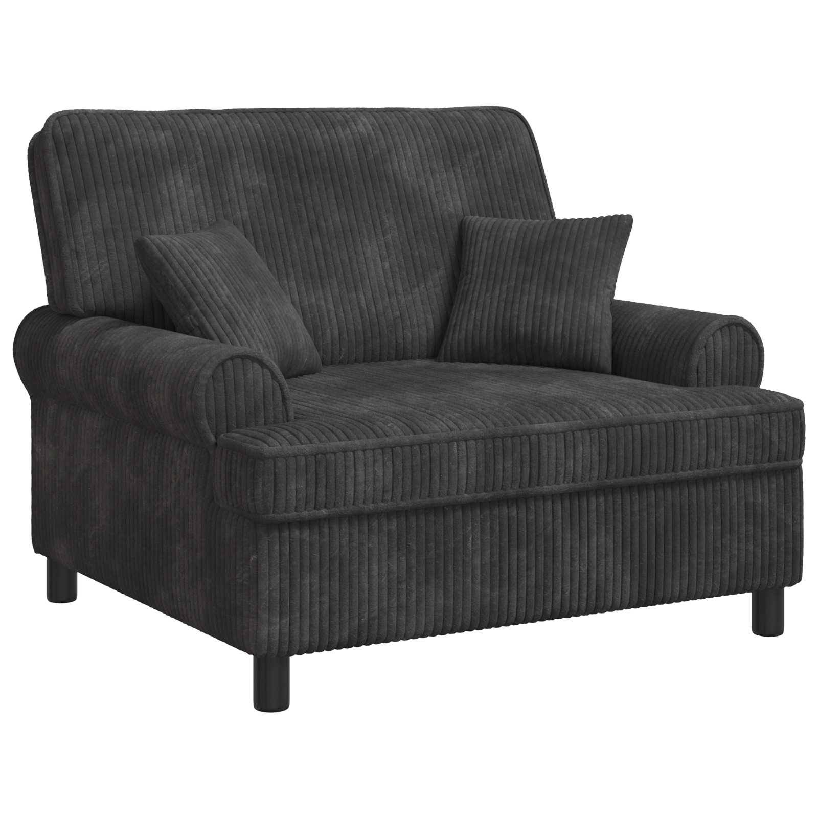 Dunkelgraues Cordsofa mit Chaiselongue und zwei passenden Dekokissen, auf weißem Hintergrund dargestellt.