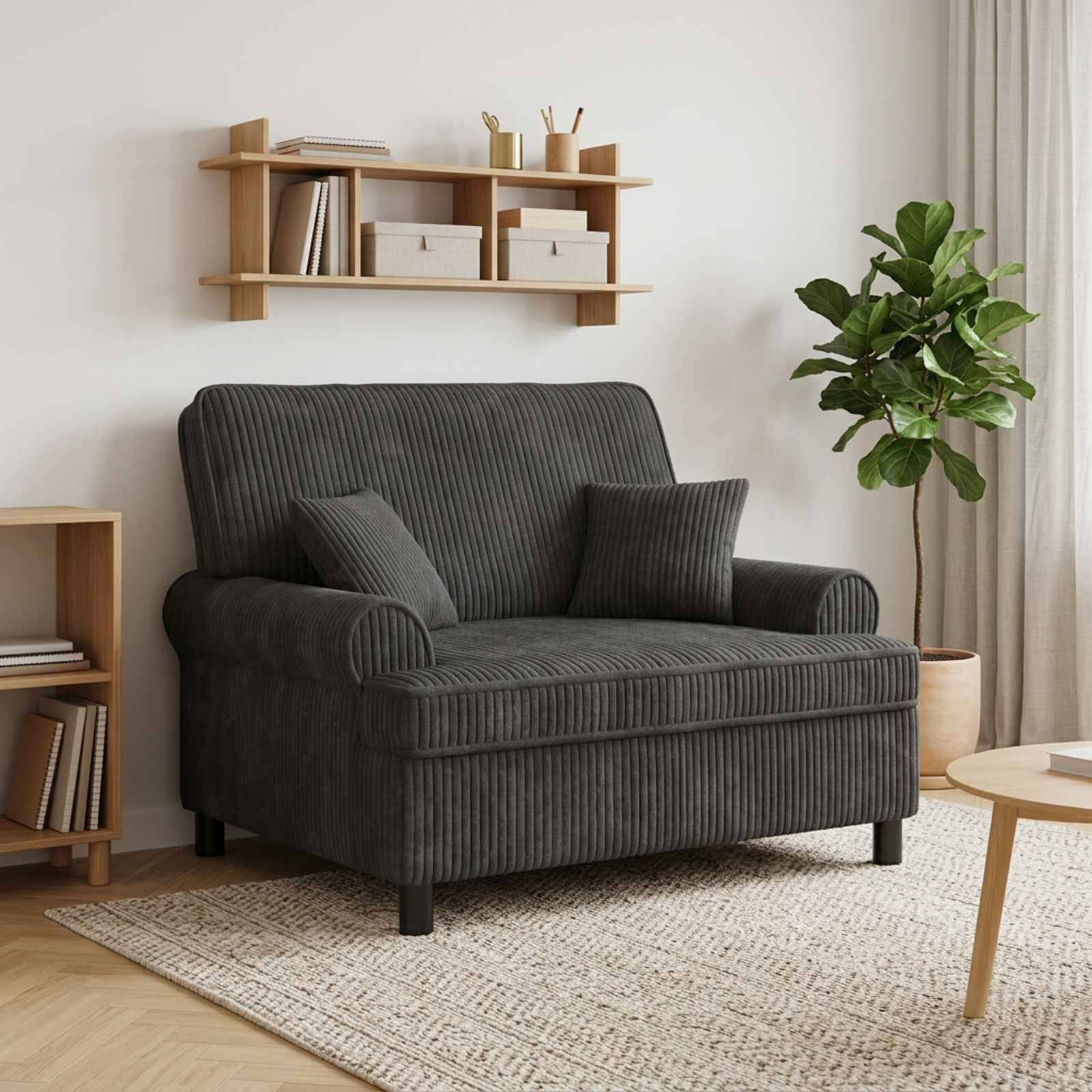 Ein dunkelgraues Zweisitzer-Sofa mit zwei Kissen steht in einem minimalistischen Wohnzimmer neben einer Topfpflanze, einem Regal, einem Teppich und einem runden Couchtisch.