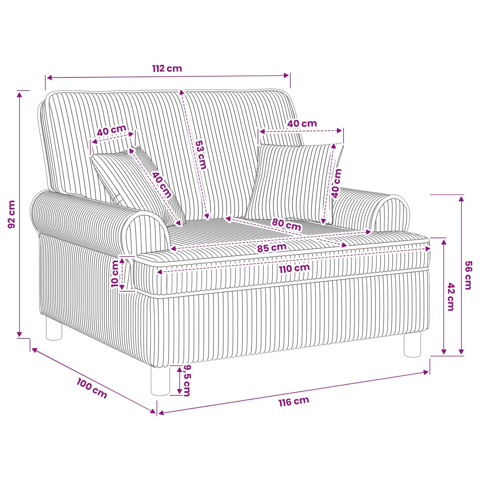 Maßstabgerechte Zeichnung eines Sofas mit zwei Kissen, die Gesamtgröße und Sitz-/Rücken-/Kissenmessungen in Zentimetern zeigt.