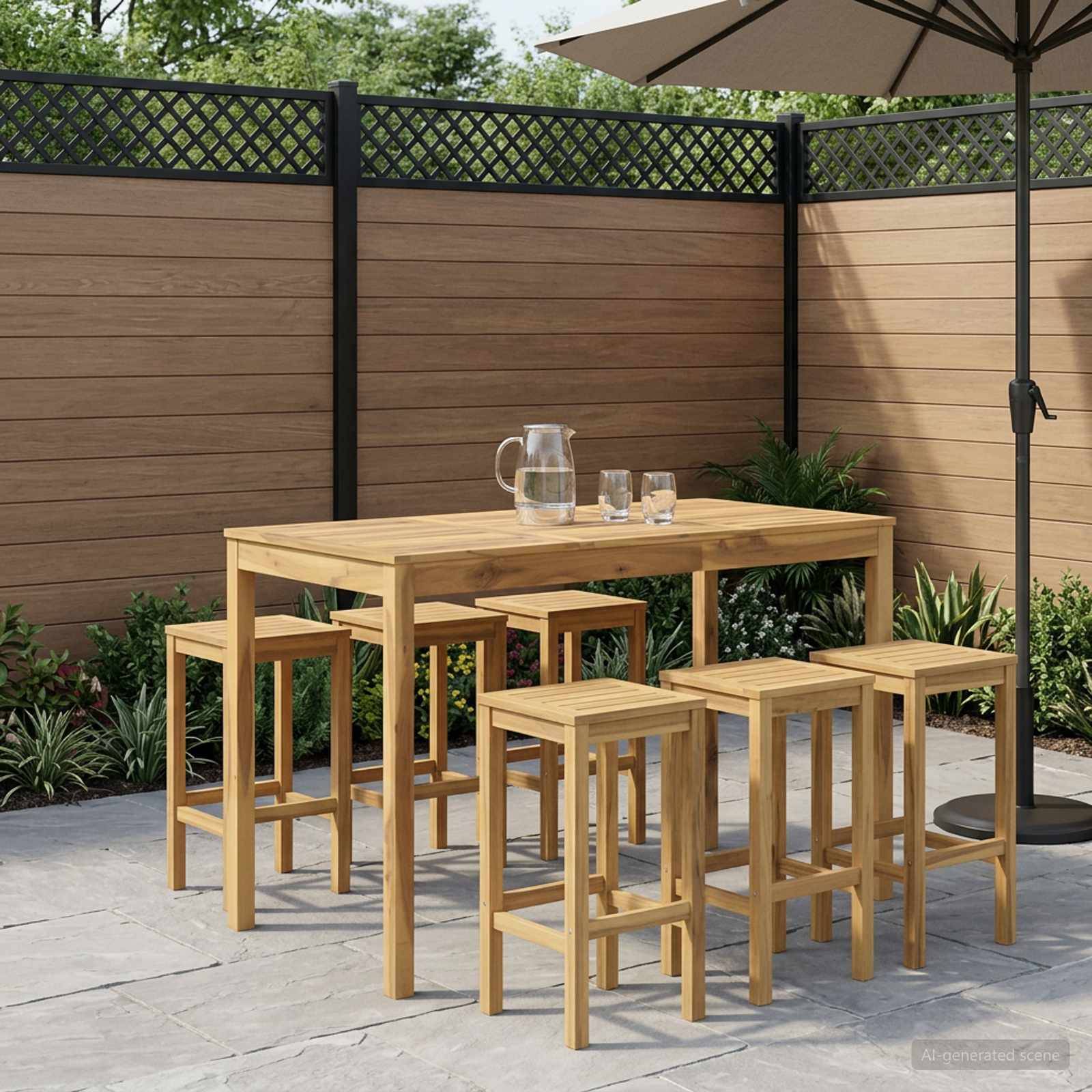Außen-Terrassenmöbel-Set mit einem hölzernen Stehtisch, vier Hockern, einer Kanne und Gläsern, neben einem Zaun und unter einem Terrassenschirm.