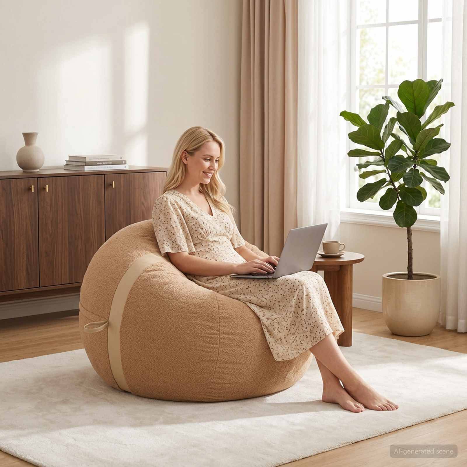 Eine Frau in einem hellen Kleid sitzt auf einem beigen Sitzsack und nutzt einen Laptop in einem hellen, minimalistischen Wohnzimmer mit einem Fenster und einer Topfpflanze.