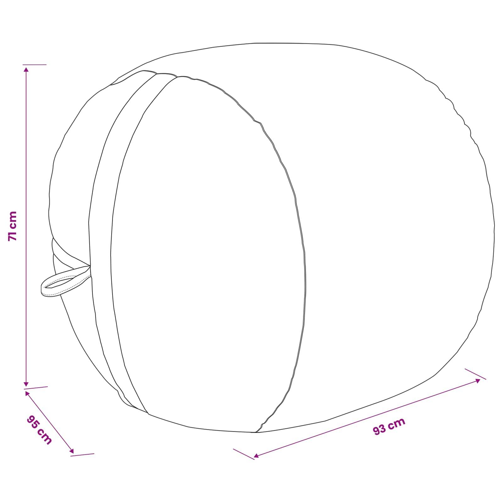 Technische Linienzeichnung eines runden Kissens oder Poufs mit beschrifteten Abmessungen: 71 cm Höhe, 93 cm Breite und 95 cm Tiefe.