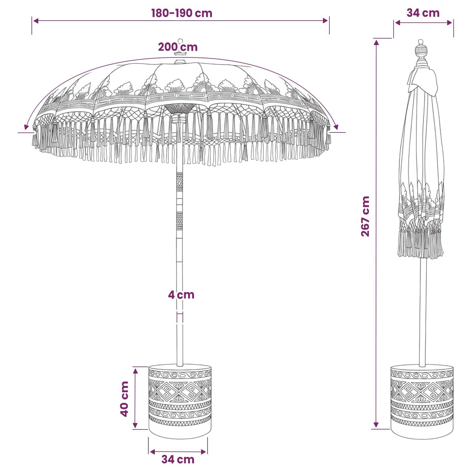 Bemaßte Zeichnung eines Sonnenschirms mit geöffneter und geschlossener Ansicht: 200 cm Schirmdach, 267 cm Höhe, 34 cm Basisdurchmesser, 4 cm Mast, 40 cm Basishöhe.