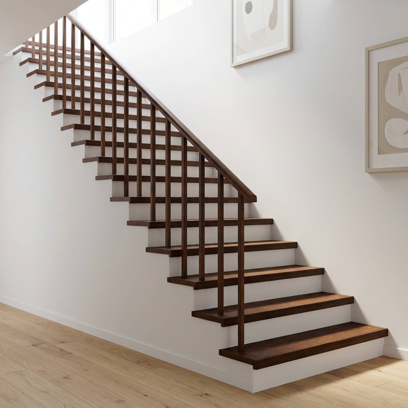 Moderne freischwebende Holztreppe mit offenen Stufen und einem dunklen Gitterwerk-Geländer in einem minimalistischen weißen Interieur.