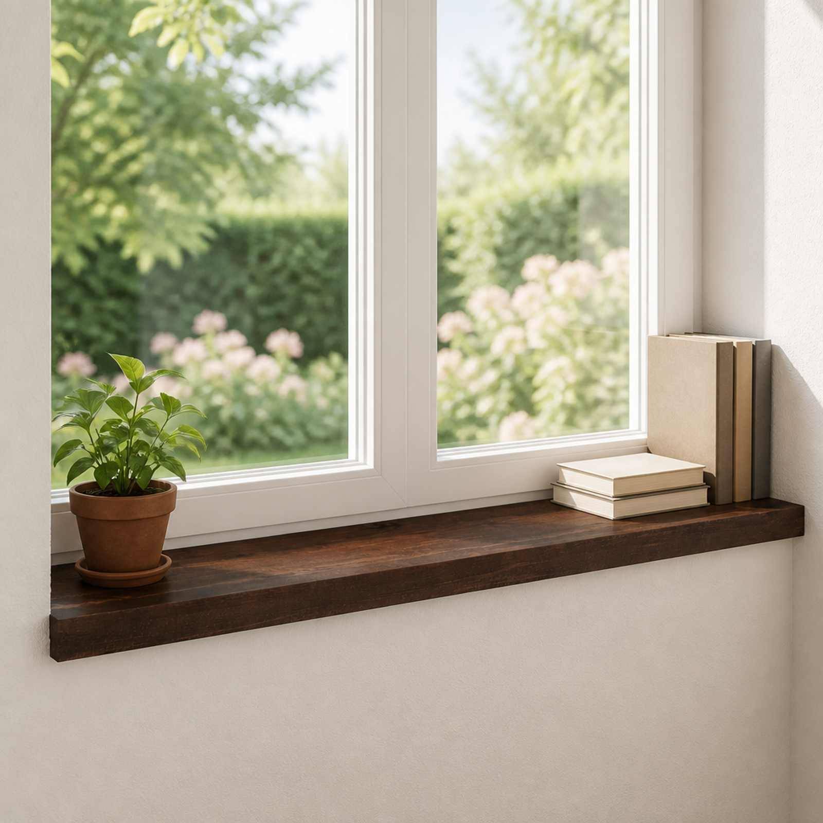 Eine kleine Topfpflanze und gestapelte Bücher auf einer Fensterbank, mit hellem Gartenblick nach draußen.