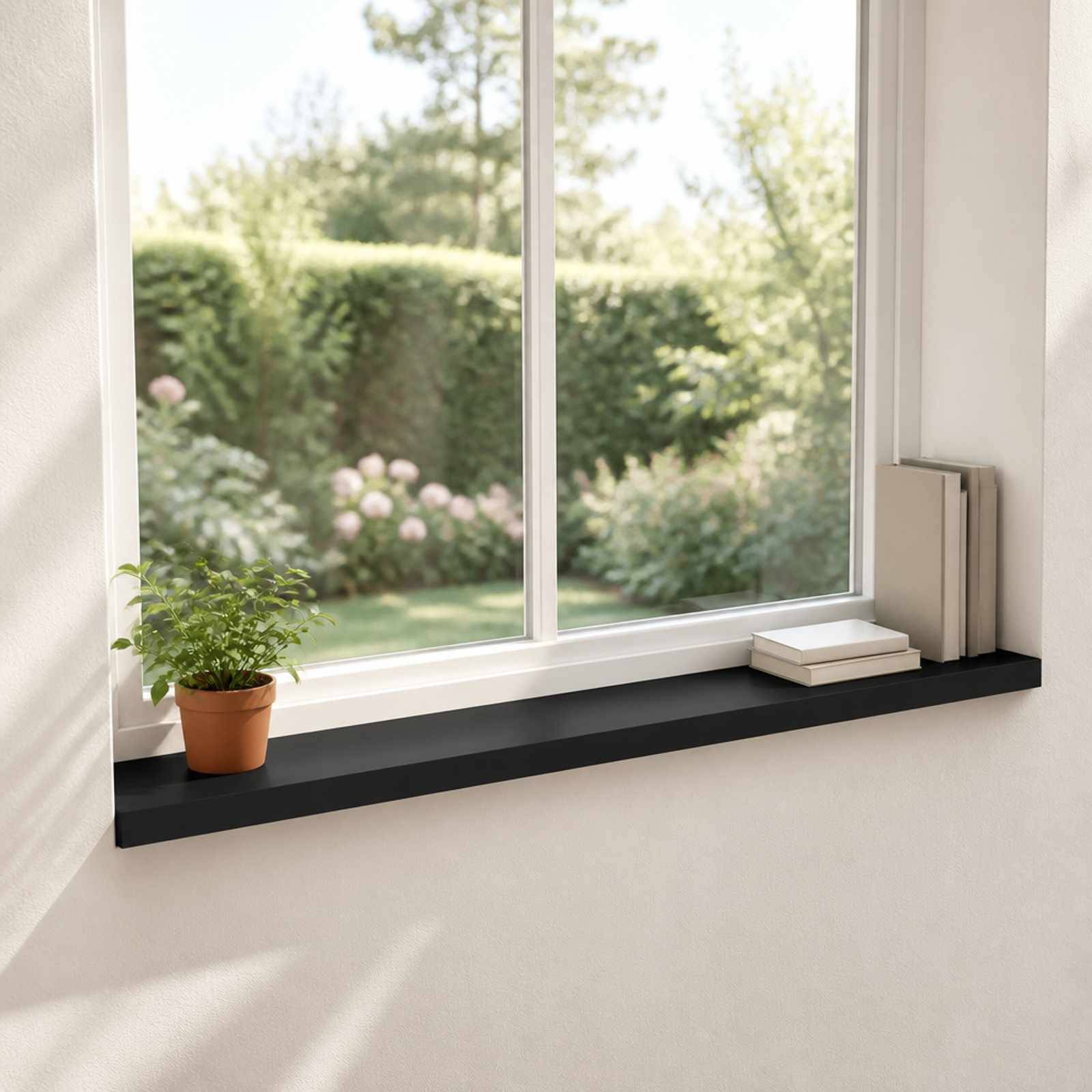 Sonnendurchflutetes Fenster mit einer getopften Pflanze auf der Fensterbank, zwei gestapelte Bücher auf der rechten Seite und verschwommene Gartenansicht außerhalb.
