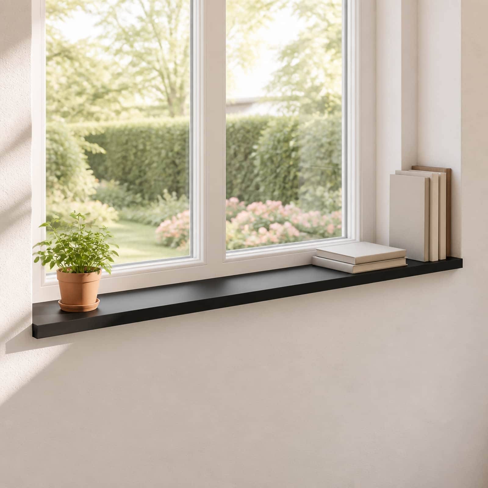 Minimalistisches Fensterbrett mit einer Topfpflanze, gestapelten Büchern und aussichtsreichem Gartenblick nach außen.