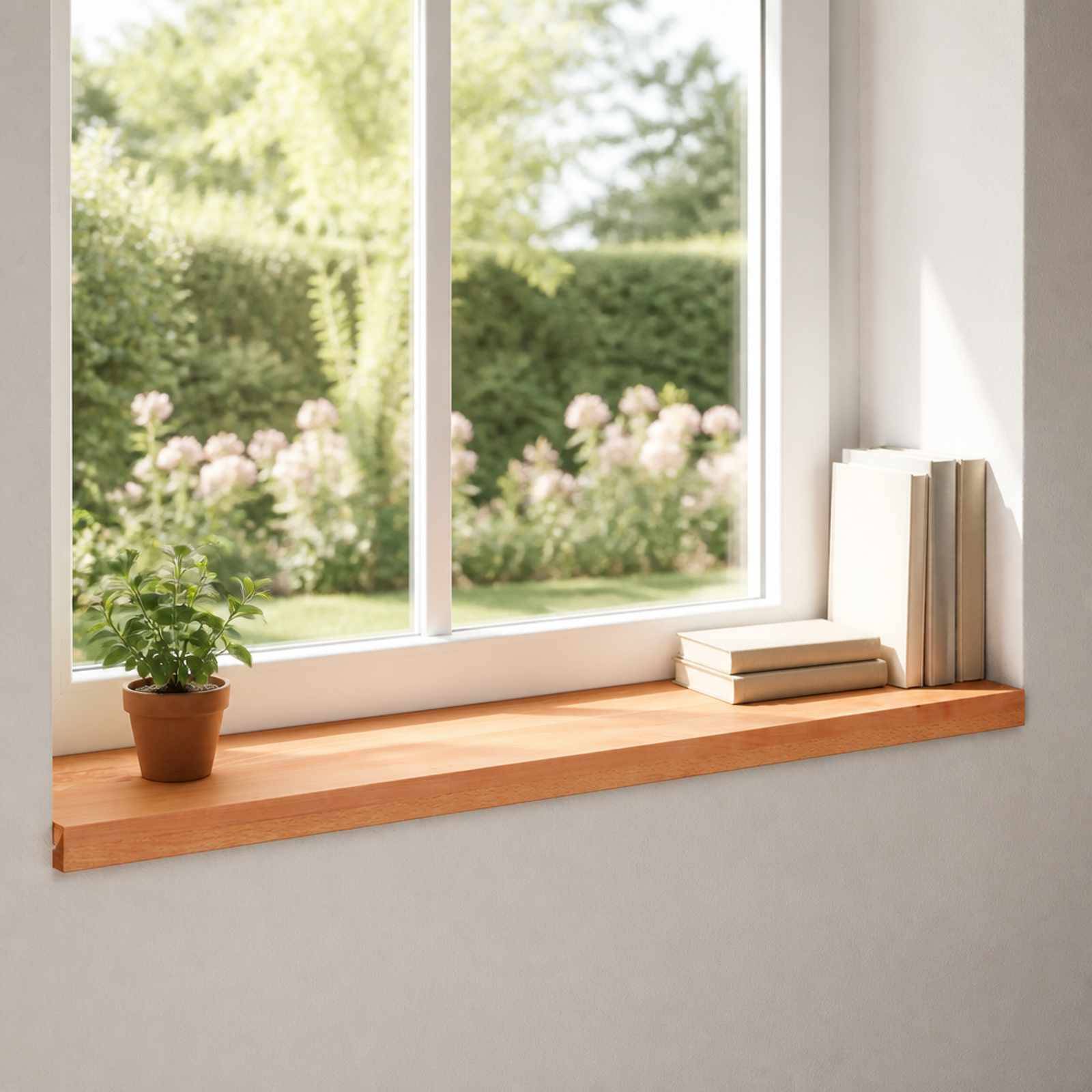 Sonniges Fensterterminal mit einer kleinen Topfpflanze, gestapelten Büchern und aufrecht stehenden Büchern neben einem Fenster mit Blick auf einen Garten.