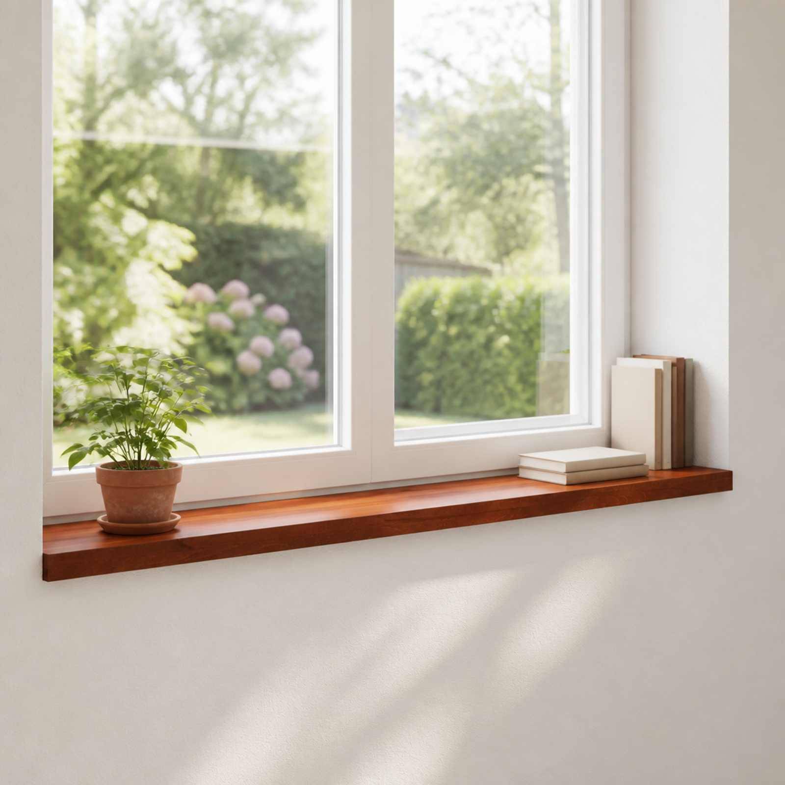 Topfpflanze, Bücher und Fenstersims in einem hellen Zimmer mit Blick auf einen sonnigen Garten draußen.