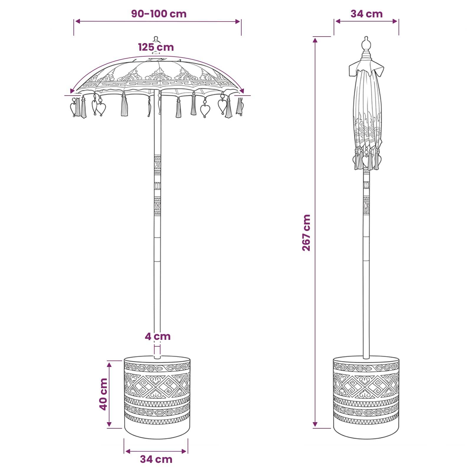 Diagramm einer Terrassenschirm: 90-100 cm Breite des Schirmdachs, 267 cm Gesamthöhe, 34 cm Breite der Basis, und 40 cm Höhe der Basis.