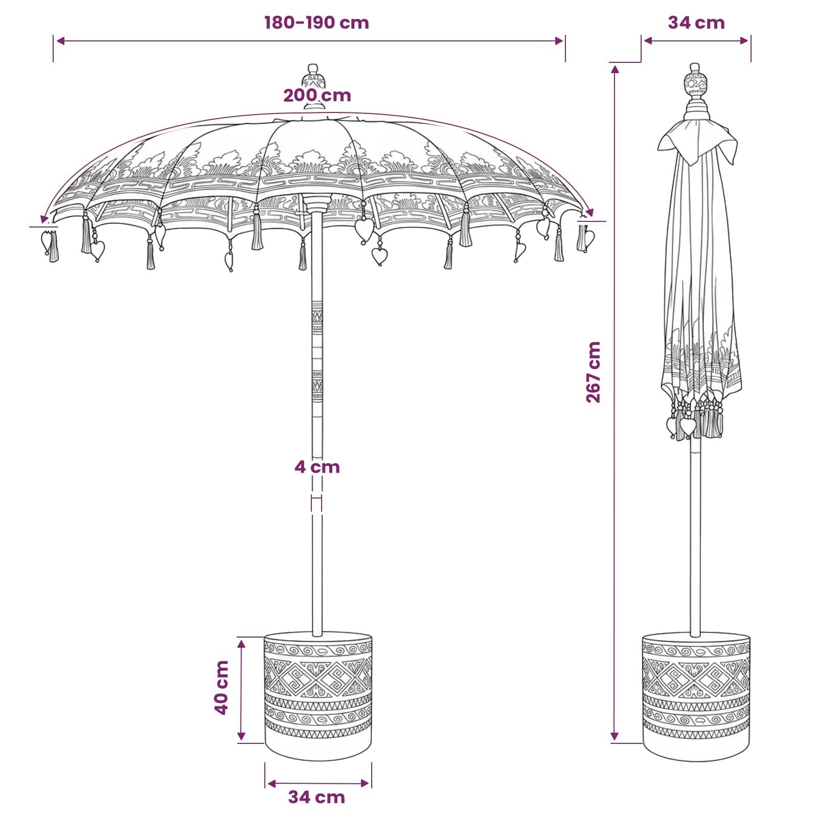 Diagramm, das einen kunstvollen Marktschirm und seine geschlossene Form mit beschrifteten Abmessungen zeigt: Schirmdach 180–190 cm breit, 200 cm hoch, Pfosten basis 40 cm hoch und geschlossene Größe 34 cm mal 267 cm.