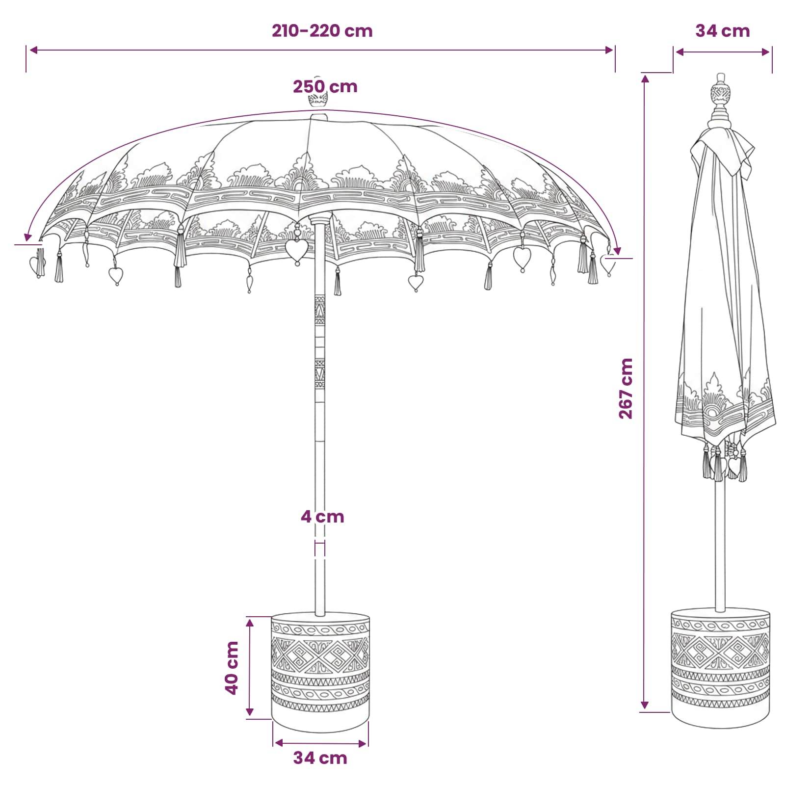 Technische Zeichnung eines dekorativen Terrassenschirms mit Abmessungen: offener Schirmdach 250 cm breit, 210–220 cm Spannweite, 267 cm hoch geschlossen, 34 cm Basis und 4 cm Polendurchmesser.