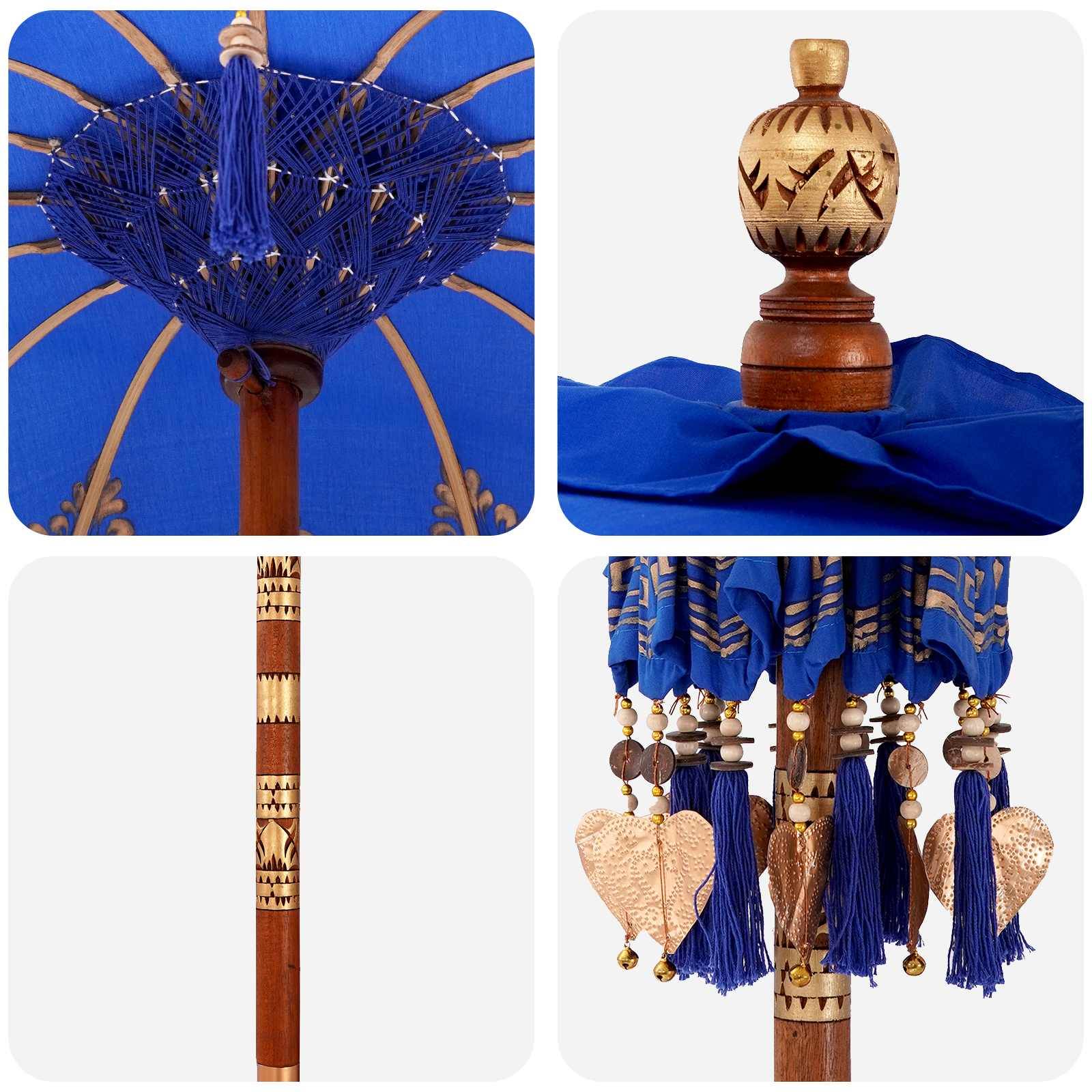Collage aus einem blau-gold dekorierten zeremoniellem Sonnenschirm und seinen geschnitzten Holzkomponenten mit Quasten, Perlen und hängenden Verzierungen.