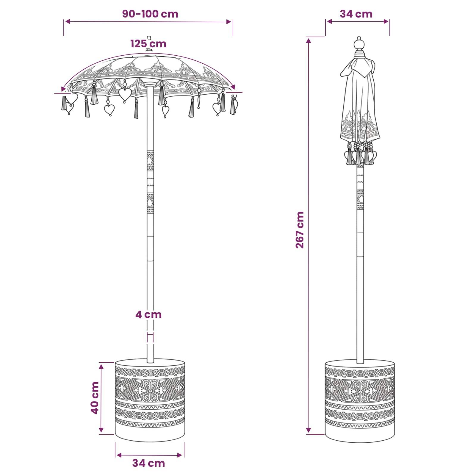 Illustration eines dekorativen, regenschirmförmigen Ständers mit Abmessungen: 90–100 cm breites Dach, 125 cm Höhe der Oberseite, 267 cm Gesamthöhe, 34 cm Basisbr eite und 4 cm Poldurchmesser.