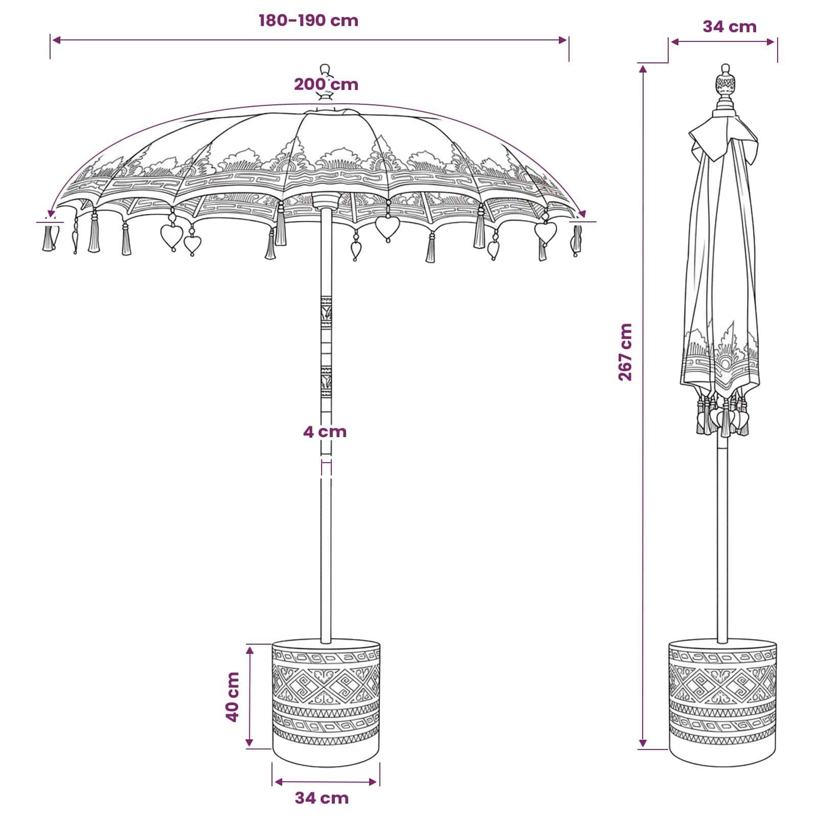 Technische Zeichnung eines dekorativen Regenschirms mit Ständer, mit Maßangaben: Baldachin 180-190 cm breit, 200 cm hoch; geschlossene Größe 267 cm hoch, Sockel 34 cm breit und 40 cm hoch.