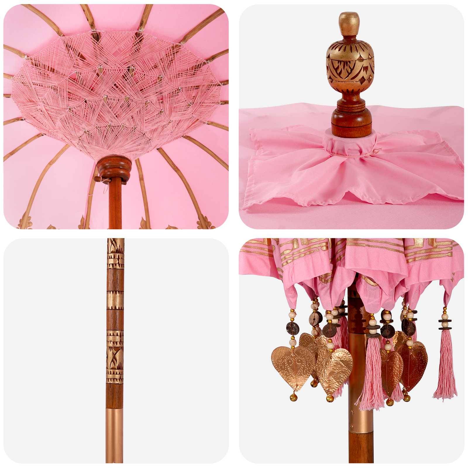 Vier Nahaufnahmen eines rosa Regenschirms/Sonnenschirms: Spitzenballdachin, Holzknauf mit gerüschtem Stoff, verzierter Schaft und hängende Herzornamente mit Quasten.