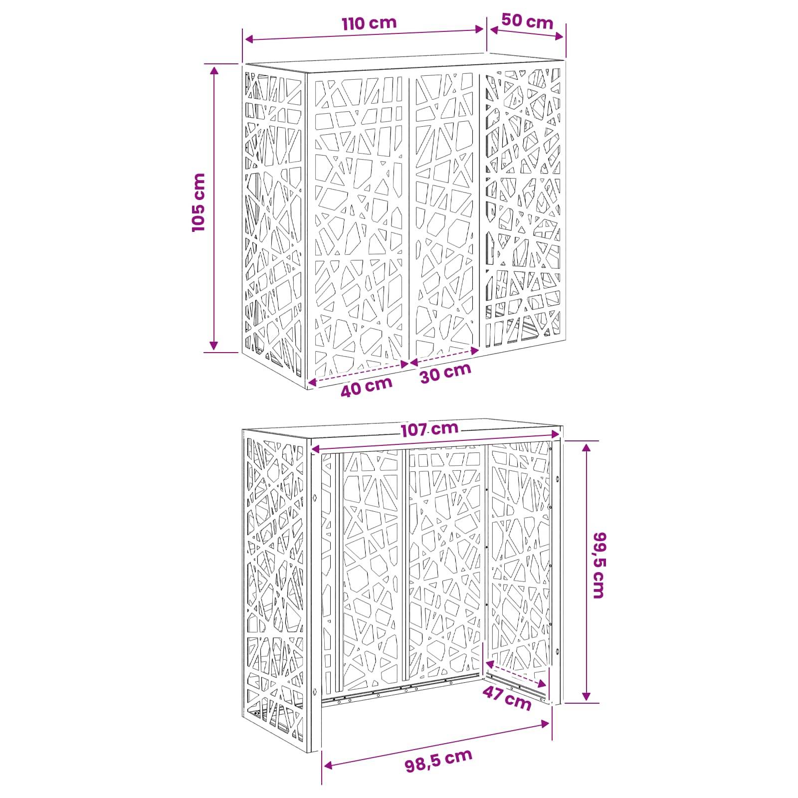Diagramm eines dreiteiligen dekorativen Wandschirms mit Abmessungen: 110 cm breit, 105 cm hoch, mit Seitenbreiten von 40 cm und 50 cm; die offene Ansicht zeigt 107 cm Oberbreite, 98,5 cm Basis, 99,5 cm Höhe und 47 cm Seite.