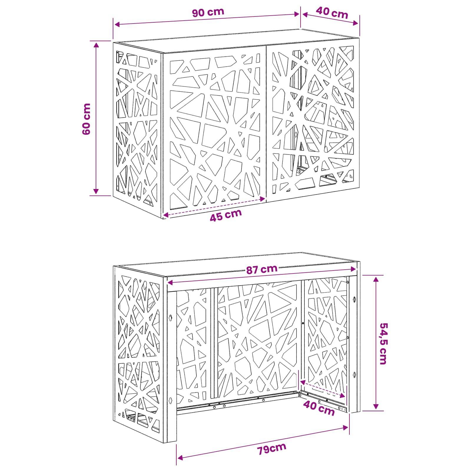 Diagramm eines dekorativen Schrankes mit Abmessungen: Oberes Modul 90 cm breit, 40 cm tief, 60 cm hoch, und unteres Modul 87 cm breit, 54,5 cm hoch, 79 cm breite Öffnung, 40 cm tief.