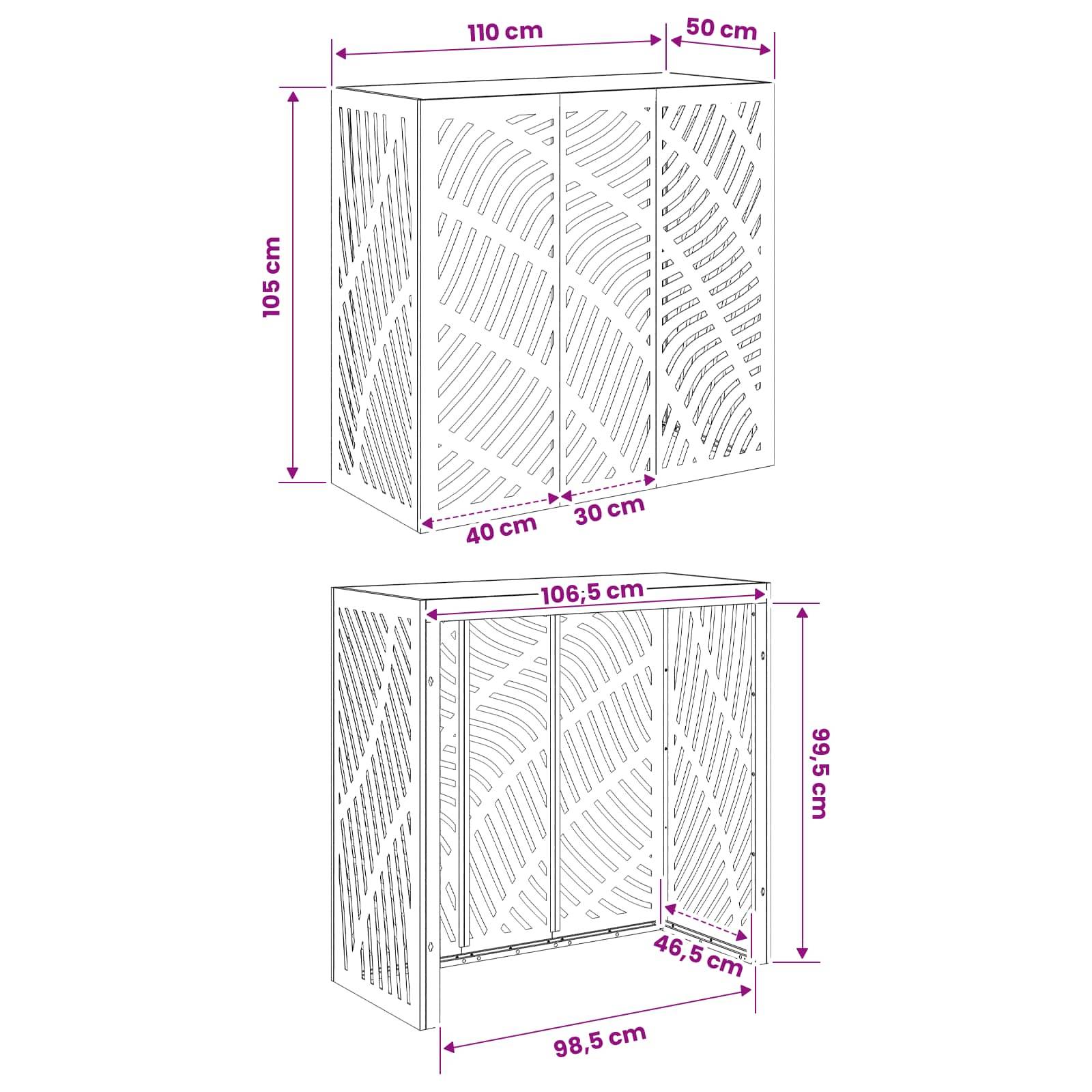 Diagramm eines vierpaneeligen Faltschirrms/Schranks mit angegebenen Abmessungen: 105 cm hoch, 110 cm breit plus 50 cm Seite, und eine Unteransicht mit 106,5 cm mal 99,5 cm Öffnung mit 98,5 cm Basis und 46,5 cm Tiefe.