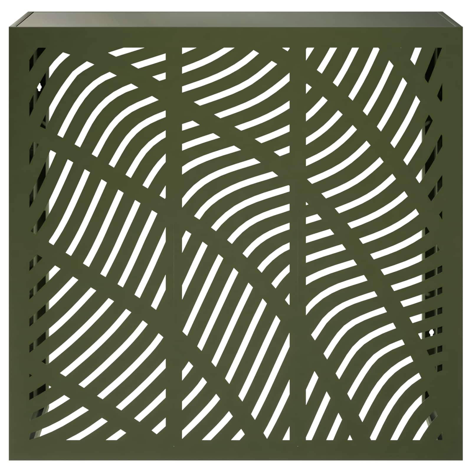 Olivgrünes quadratisches Panel mit abstrakten weißen wellenförmigen Ausschnitten, ähnlich einem dekorativen Gitter- oder Lüftungsmuster.
