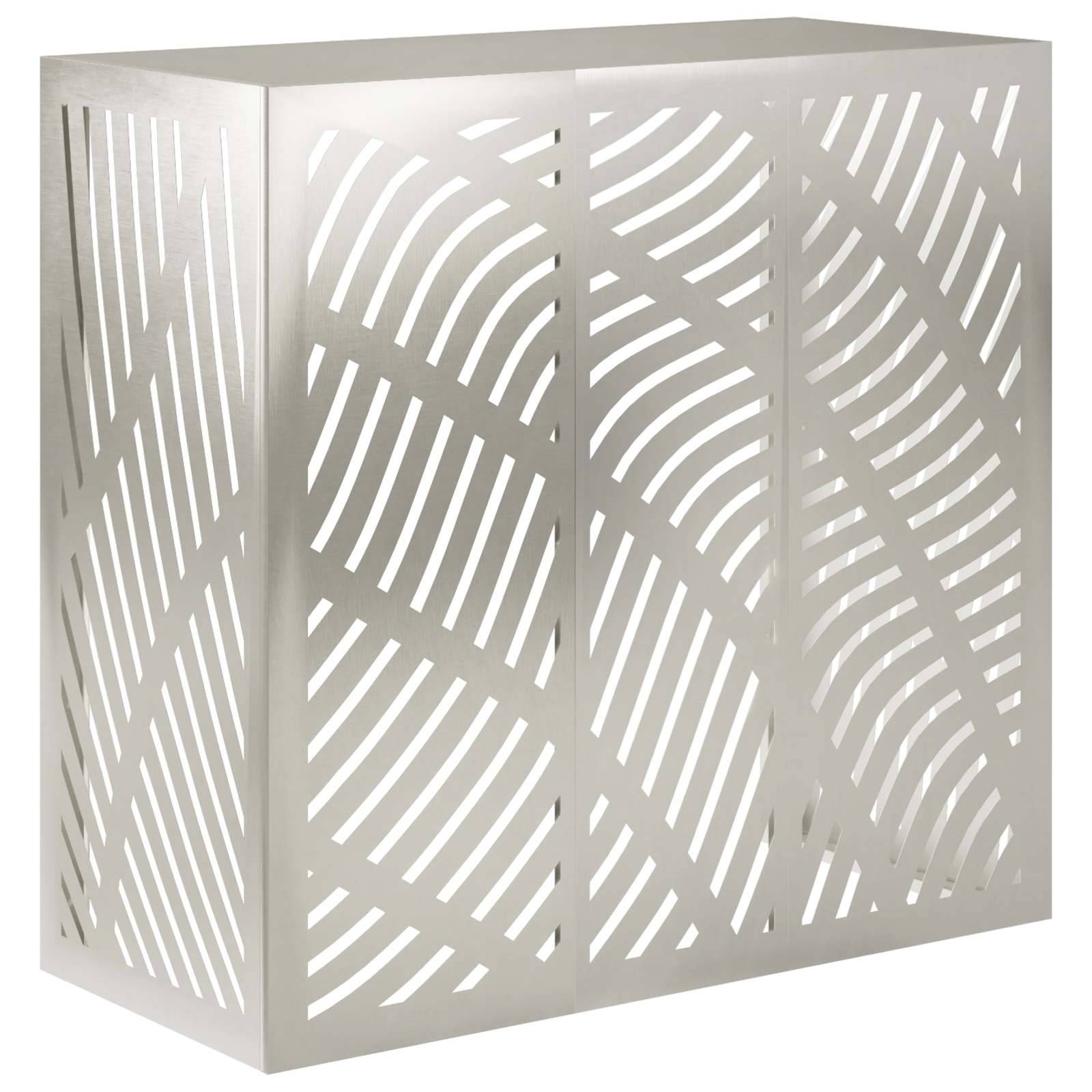 Dekorativer weißer Metallsichtschutz mit geometrischem Ausschnittmuster, dargestellt als dreiteiliger Faltraumteiler.