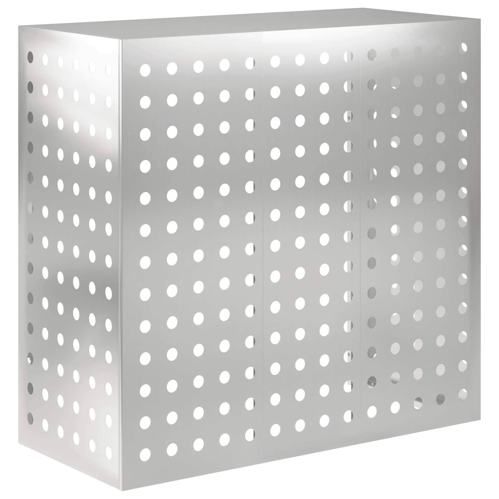 Silberne perforierte Metallbox oder Schrank mit gleichmäßig verteilten kreisförmigen Löchern auf allen Seiten.