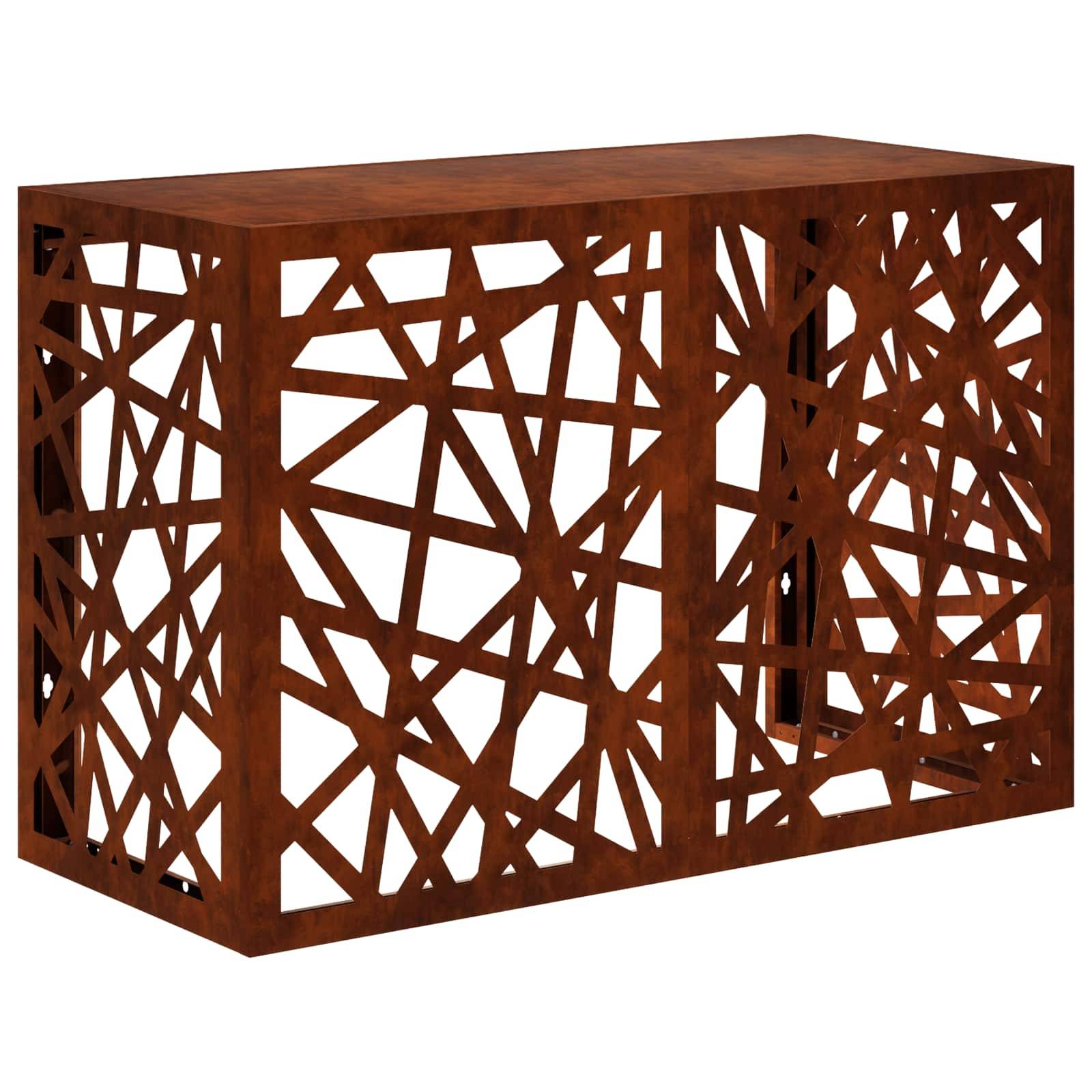 Rechteckiger Holzschrank oder Tisch mit durchbrochenem geometrischem Gittermuster auf allen Seiten und einer massiven Oberseite, gegen einen weißen Hintergrund gezeigt.