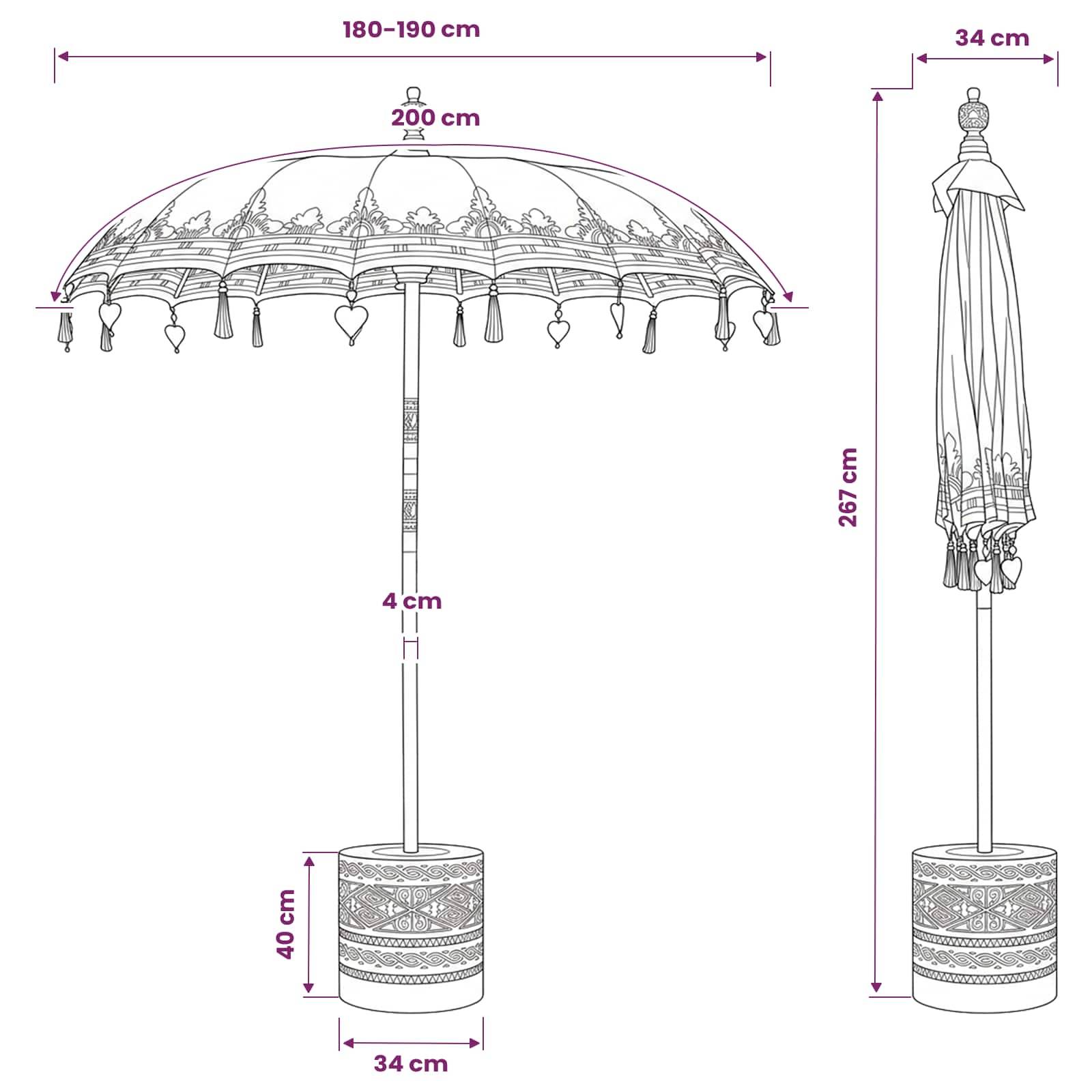 Regenschirm mit Ständer – Größendiagramm zeigt offenen Schirm 180-190 cm breit, 200 cm hoch; geschlossener Schirm 267 cm hoch, 34 cm breit, Basis 40 cm hoch und 34 cm breit.