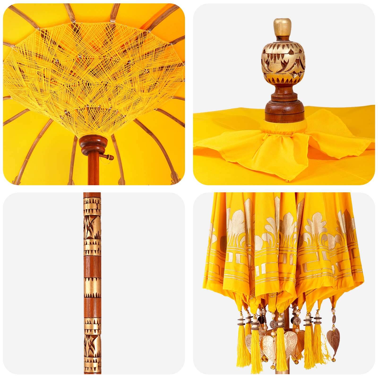 Collage aus gelben Sonnenschirmdetails und dekorativen Holzkomponenten, zeigt das Schirmdach, die geschnitzte Endsprosse, den Schaft und den quastengesäumten Saum.