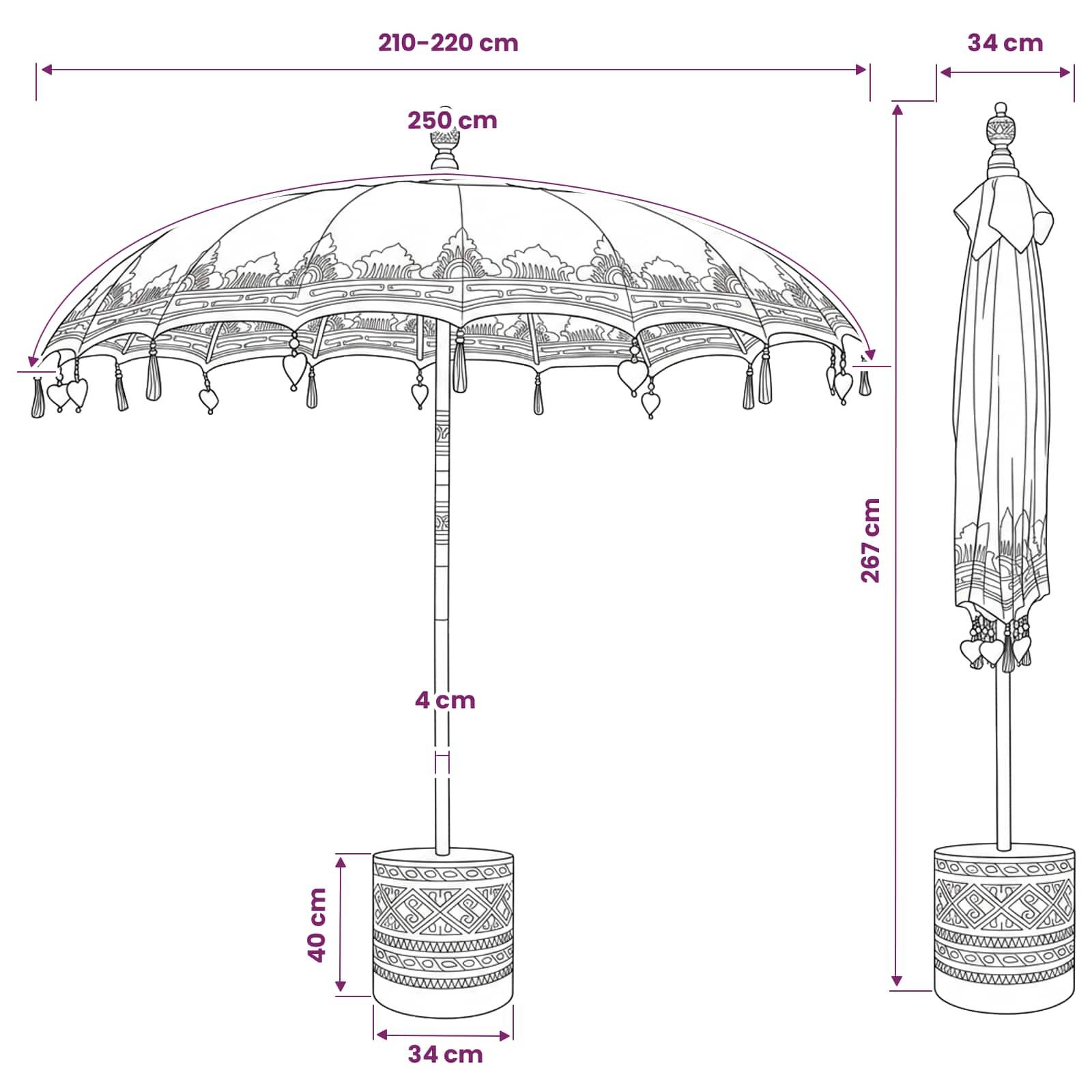 Technische Zeichnung eines dekorativen Sonnenschirms, mit offenen und zusammengeklappten Maßen: 210-220 cm breit, 267 cm hoch, 34 cm Basis, 250 cm Baldachindurchmesser.