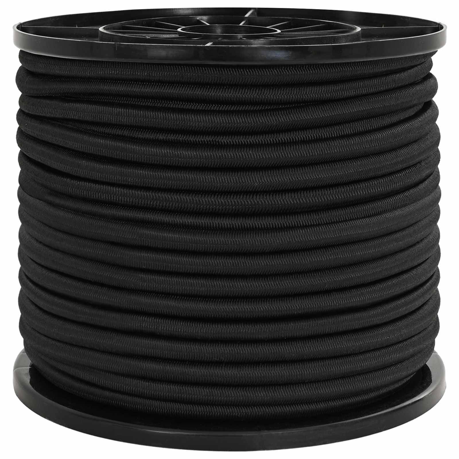 Eine große Spule schwarzes gewelltes Rohr oder Kabel auf einer Kunststoffrolle gegen weißen Hintergrund aufgewickelt.