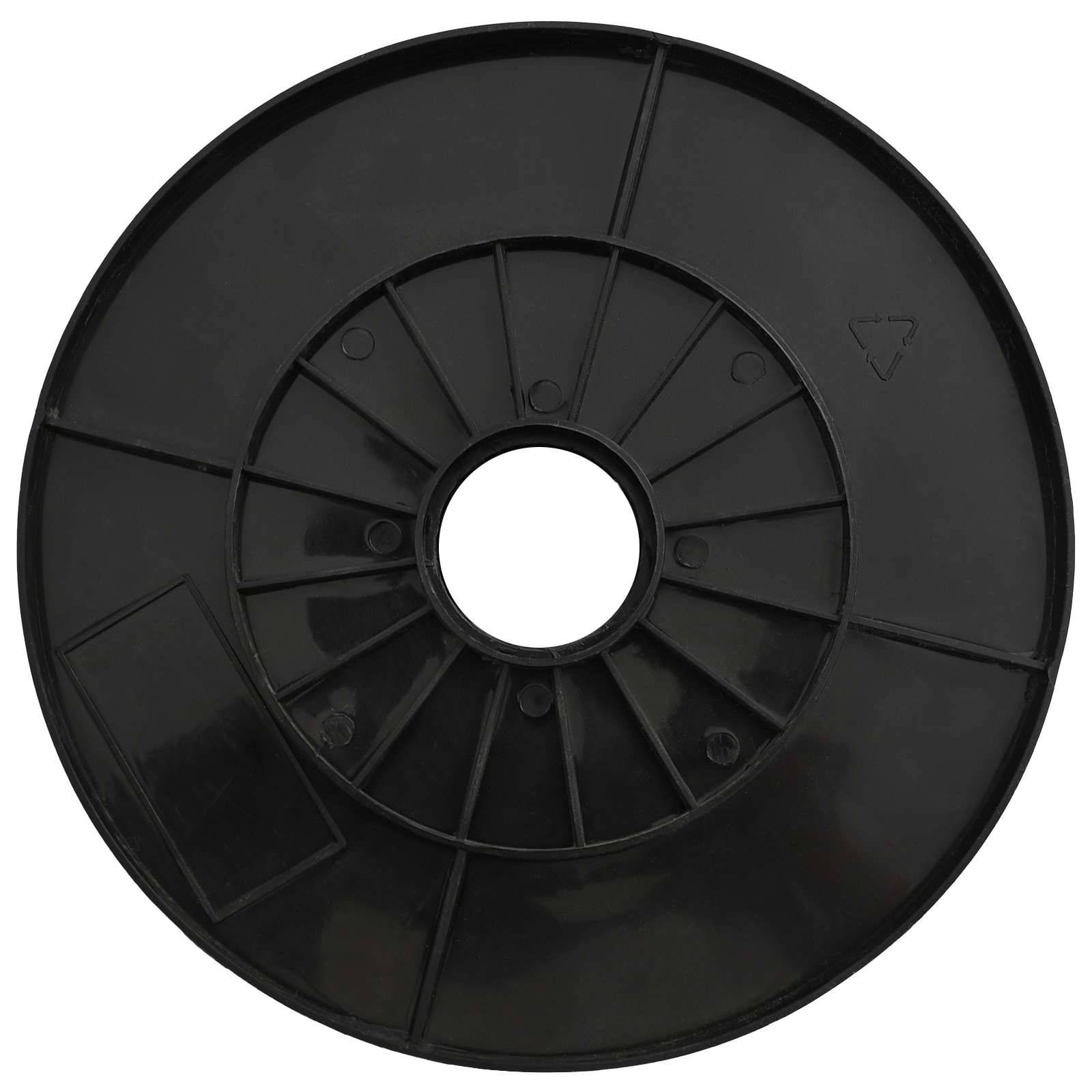 Schwarze Kunststoffspule oder Rolle von oben betrachtet, mit einem zentralen kreisförmigen Loch und radialen Stützrippen, wahrscheinlich zum Aufwickeln von Kabel oder Filament.