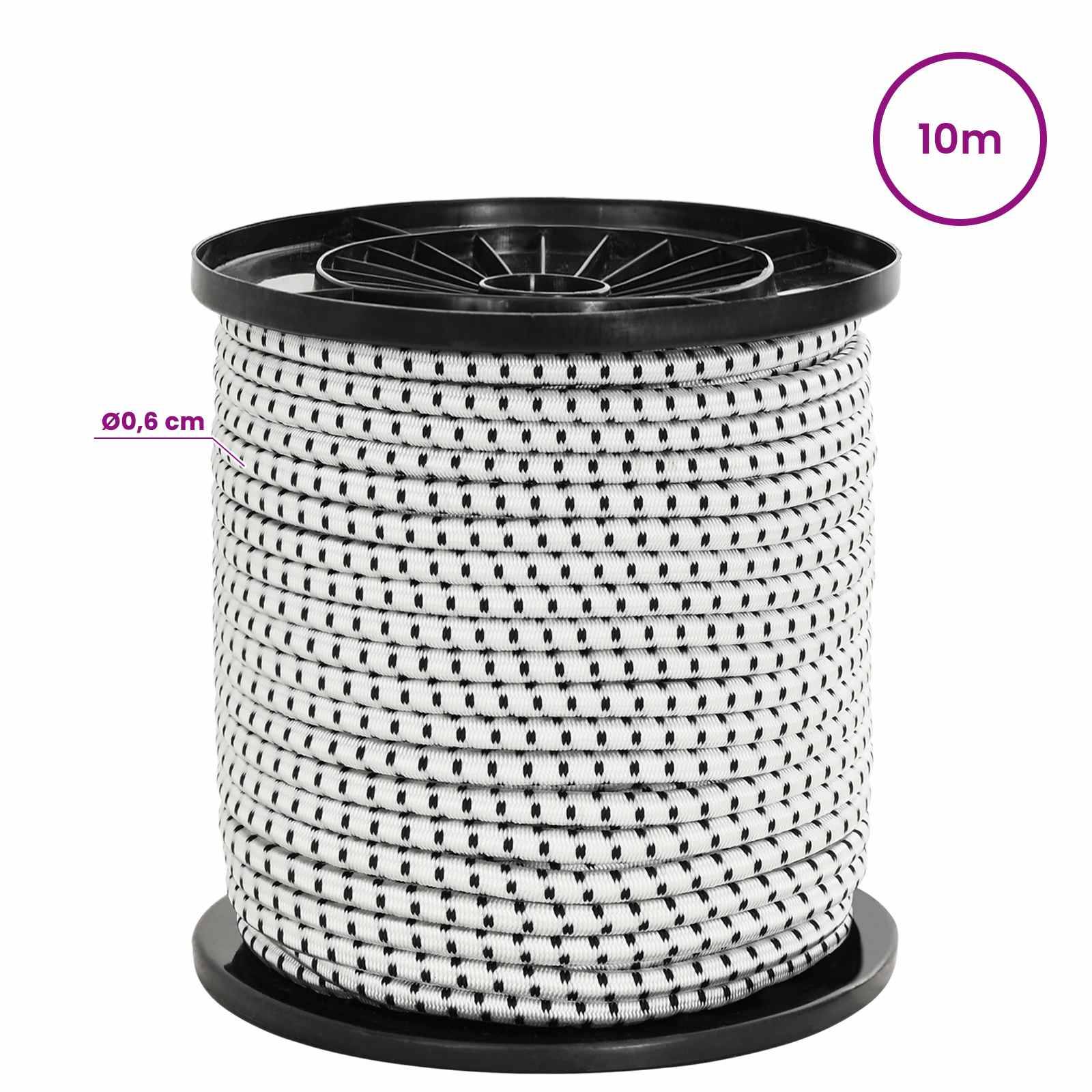 Aufgerolltes weißes Seil auf einer Spule, gekennzeichnet mit 10 m und 0,6 cm Durchmesser.