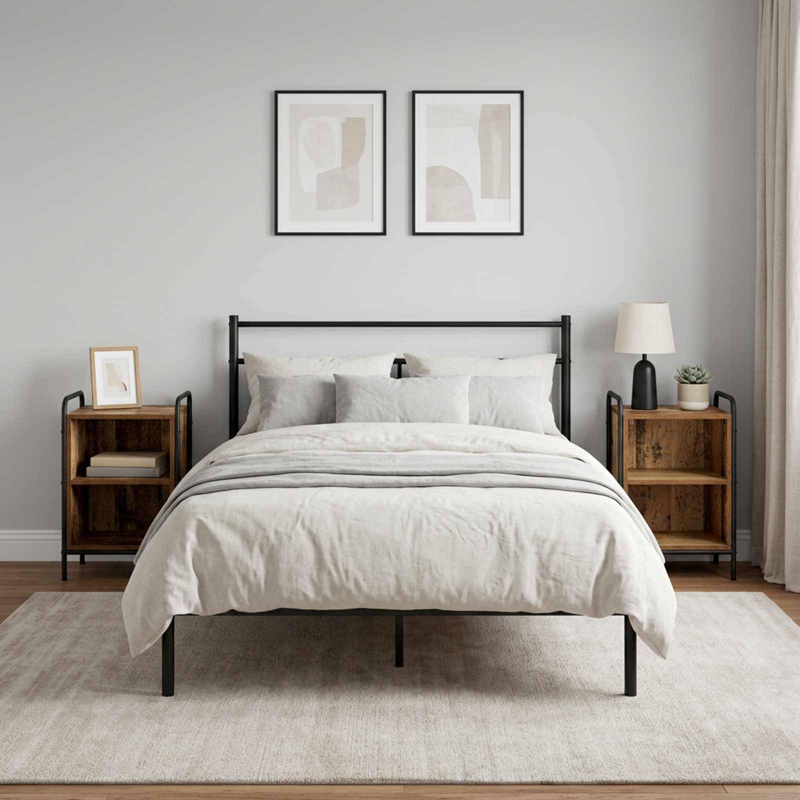 Ein minimalistisches Schlafzimmer mit einem schwarzen Metallbett, weißer Bettwäsche, zwei gerahmten Drucken darüber und passenden Holznachttischen mit Lampe und Dekoration.