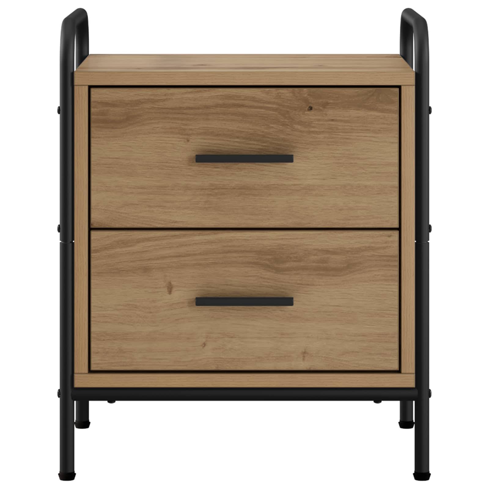 Holzschlafzimmernachttisch mit zwei Schubladen, schwarzem Metallrahmen und Griffen auf weißem Hintergrund.
