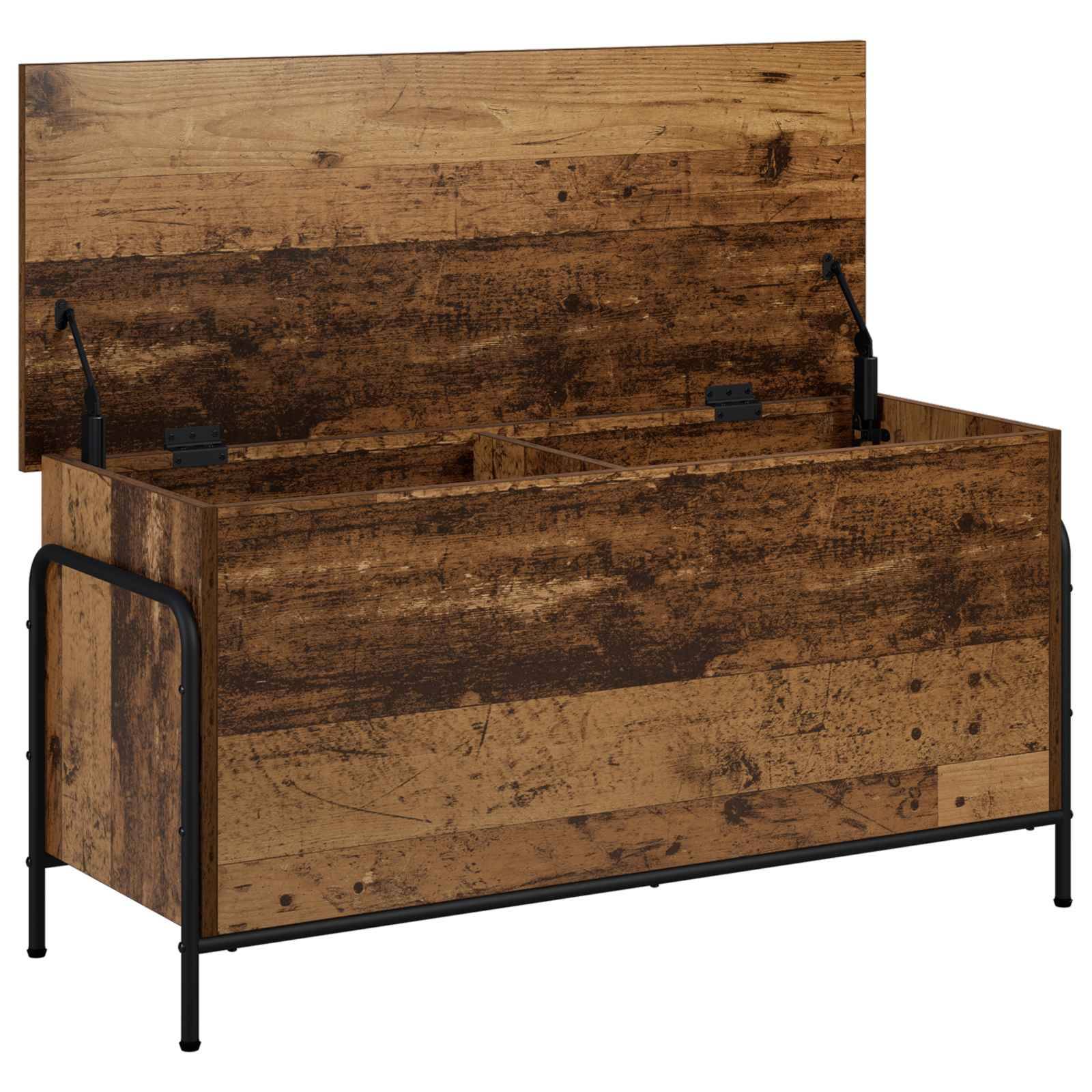 Holzlagerbank mit Klappdeckel und schwarzem Metallrahmen, geöffnet, um ein geteiltes Innensfach zu zeigen.