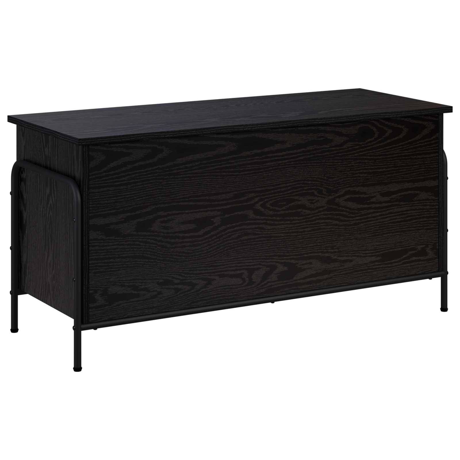 Schwarzer Schrank oder Schreibtisch mit Holzmaserung, flacher Oberfläche und Metallbeinen, von der Seite auf weißem Hintergrund dargestellt.
